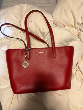 DKNY Red Leather Tote with Logo Medallion